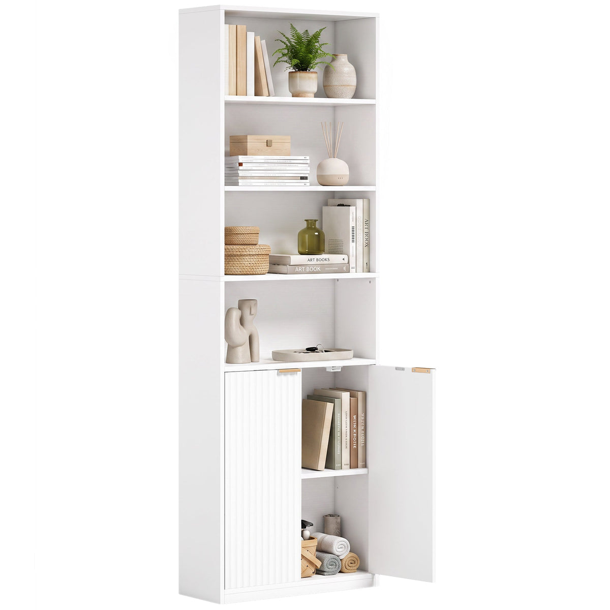 Slim Bookcase, 6-Tier Tall Bookshelf, Freestanding Shelving Unit with Cabinet, Adjustable Shelf, 60 x 24 x 182 cm for Living Room, Study, Home Office, White