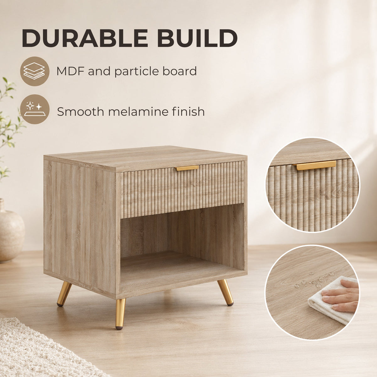 Bedside Table, Bedside Cabinet With Drawer and Open Compartment, Nightstand With Handle for Bedroom, Living Room, Natural Wood Finish