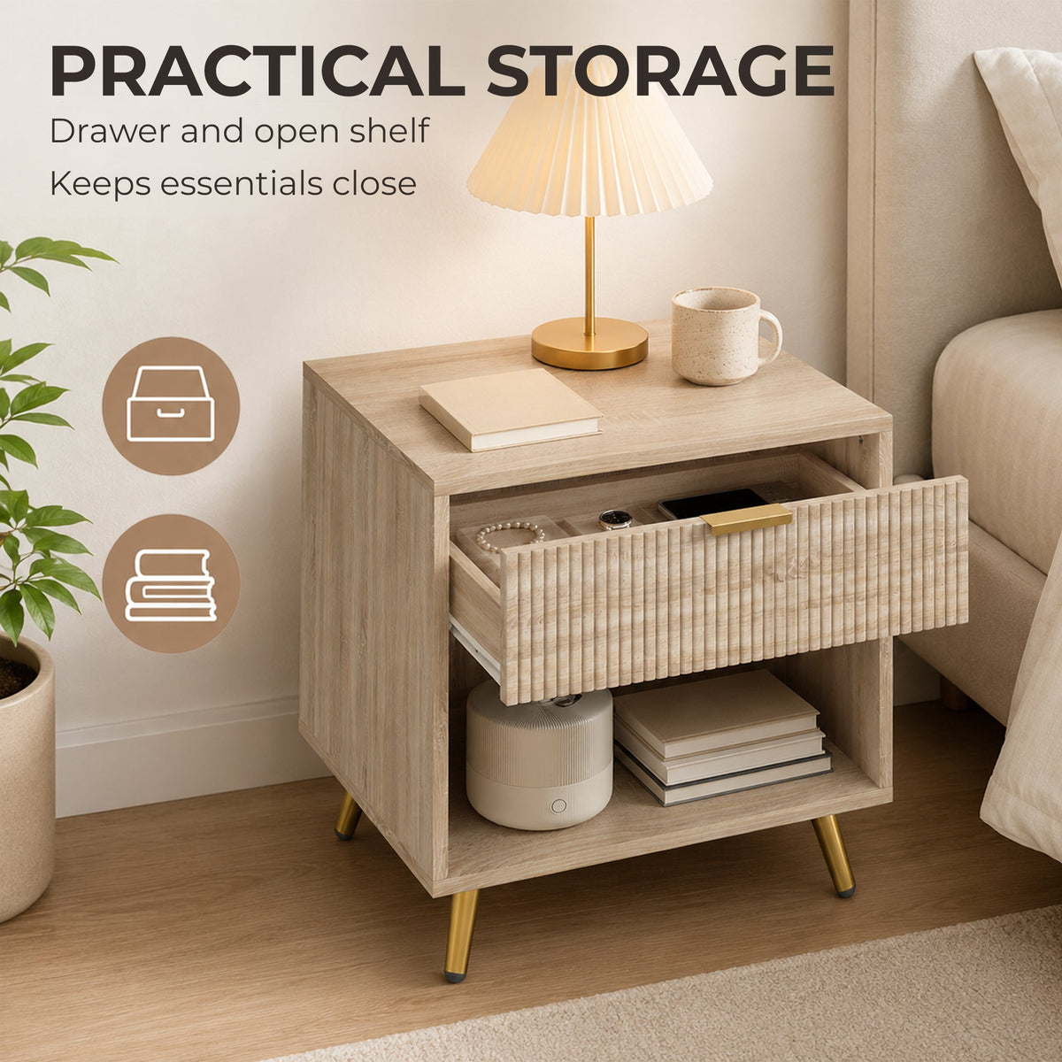 Bedside Table, Bedside Cabinet With Drawer and Open Compartment, Nightstand With Handle for Bedroom, Living Room, Natural Wood Finish