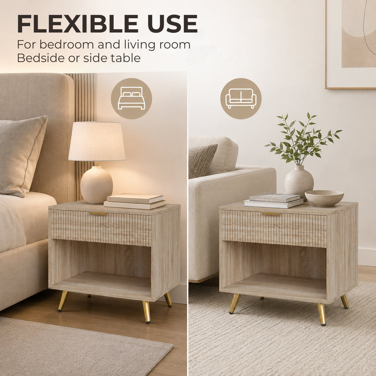 Bedside Table, Bedside Cabinet With Drawer and Open Compartment, Nightstand With Handle for Bedroom, Living Room, Natural Wood Finish