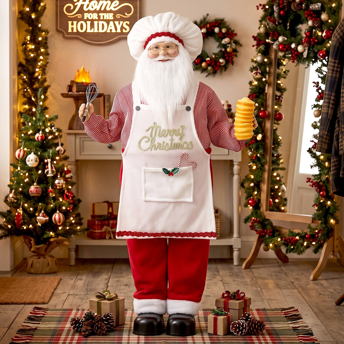 4ft Life Size Singing Cooking Santa Claus, 120 cm Standing Musical Animated Santa with Bread, Head Moving, Posable Arms, Handcrafted, Sound Touch Activated, Moving Christmas Figure Decoration