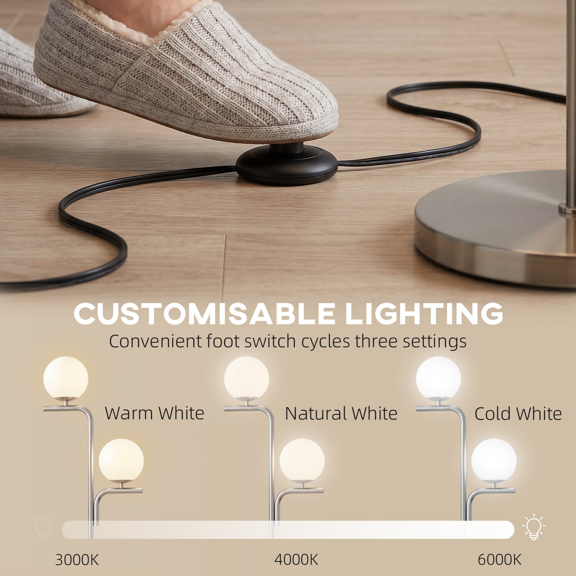 LED Floor Lamp, Modern Standing Lamp with 3 Colour Temperatures, Globe Glass Shades and Foot Switch, for Living Room Bedroom Home Office, Silver Tone