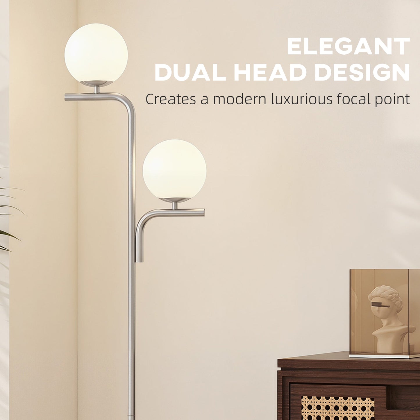 LED Floor Lamp, Modern Standing Lamp with 3 Colour Temperatures, Globe Glass Shades and Foot Switch, for Living Room Bedroom Home Office, Silver Tone