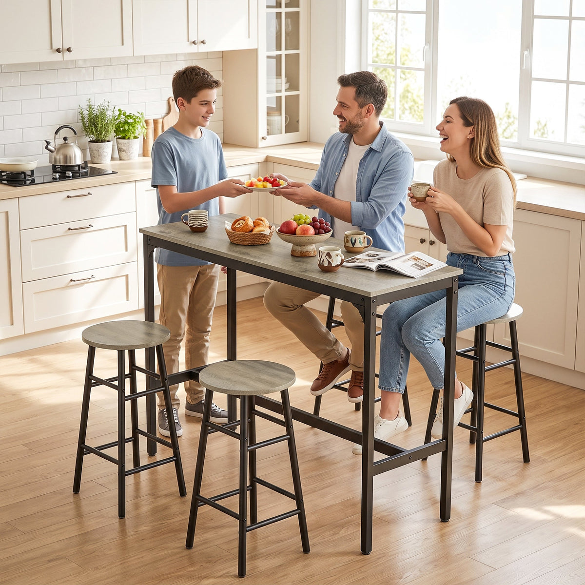 5 Piece Bar Table Set with 4 Stools, Industrial Bar Table and Stool Set, Dining Table and Chair Set for Small Space, Grey Wood Effect
