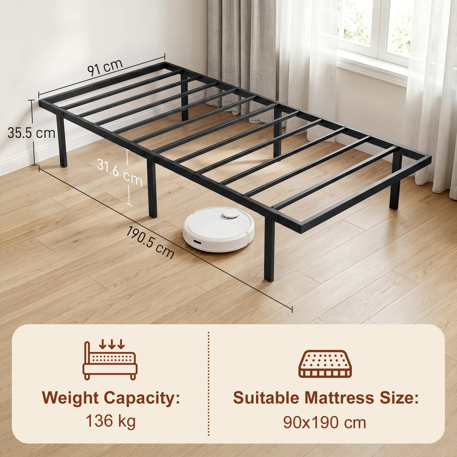 3ft Single Bed Frame with Underbed Storage, 35.5 cm Height, Metal Platform Bed Frame with Steel Slat Support, Noise-Free, No Box Spring Needed, Easy Assembly, Black