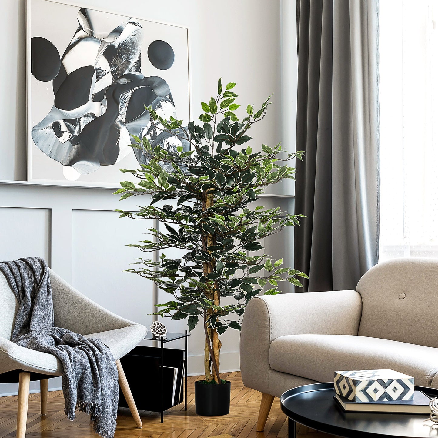 HOMCOM Artificial Ficus Tree in Pot, 130cm Tall Fake Plant with Lifelike Leaves and Natural Trunks, for Indoor Outdoor, Green