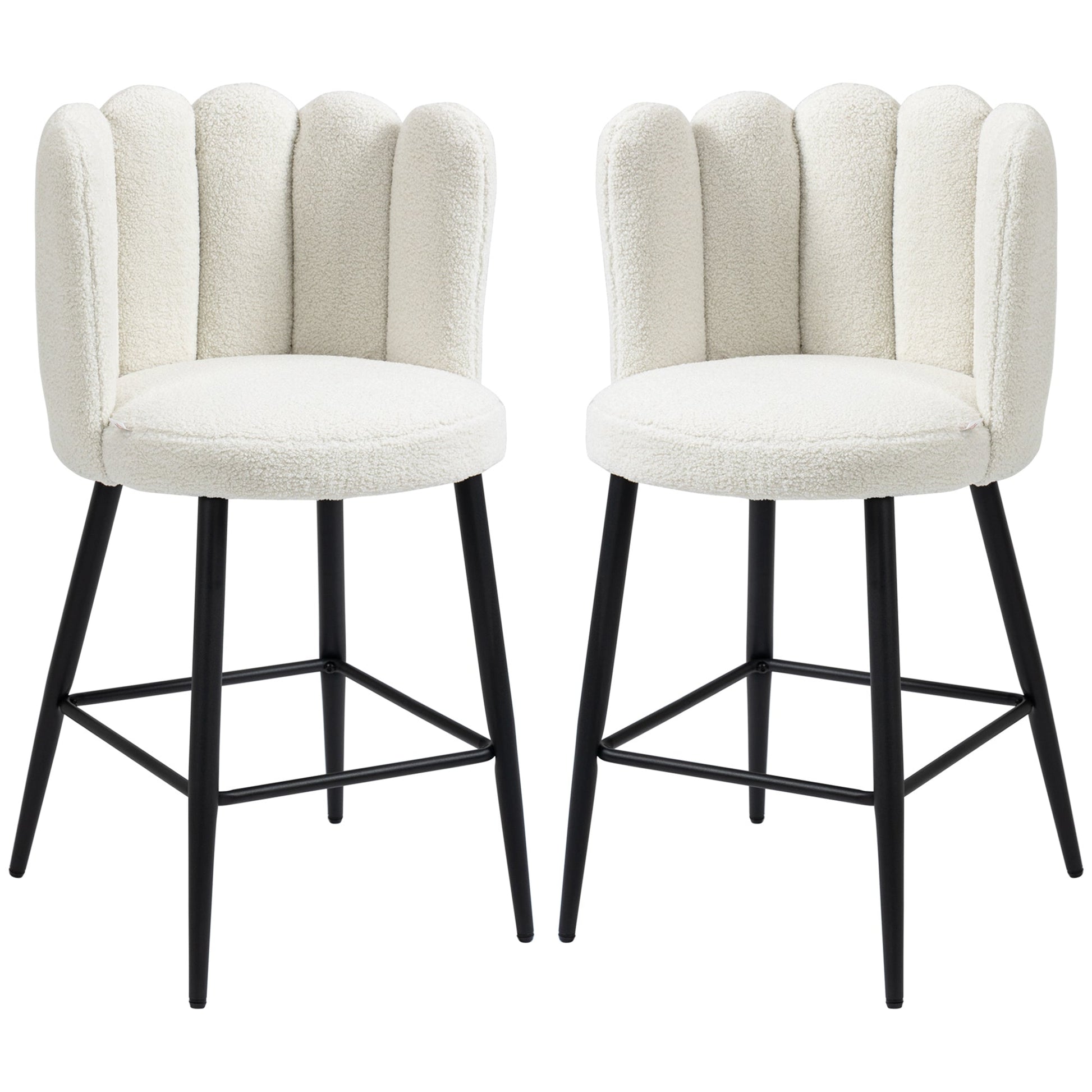 HOMCOM Bar Stools Set of 2, Faux Cashmere Upholstered Breakfast Bar Chairs, Modern Kitchen Stools with Backs, Footrest and Steel Base, Cream