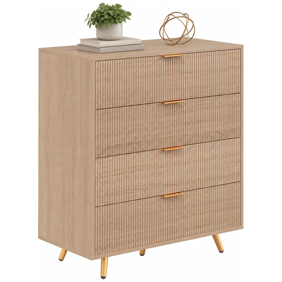 Bedroom Chest of Drawers with 4 Drawers, Fluted Dresser with Gold-Tone Handles, Storage Cabinet for Bedroom, Living Room, Hallway, Entryway, Natural