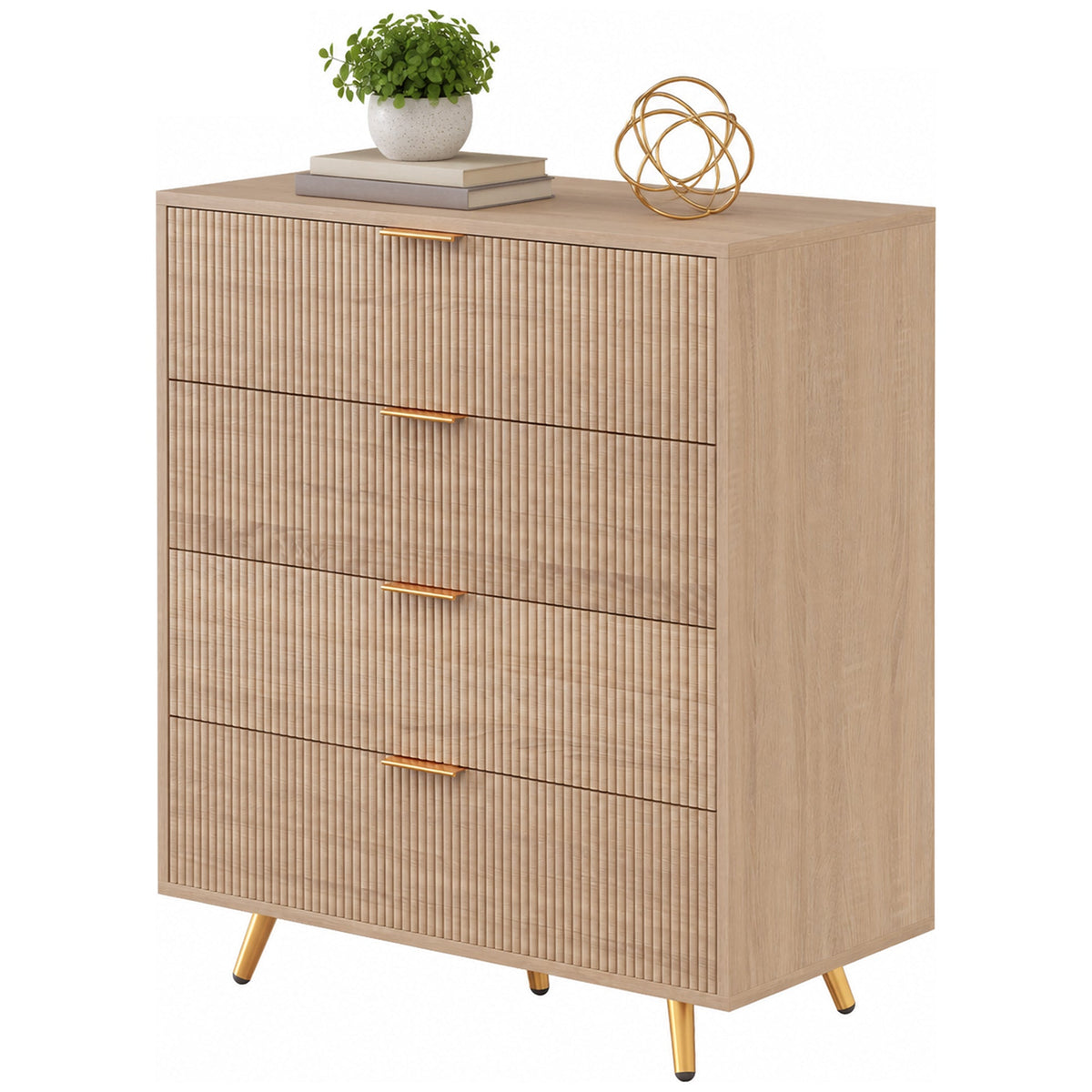 Bedroom Chest of Drawers with 4 Drawers, Fluted Dresser with Gold-Tone Handles, Storage Cabinet for Bedroom, Living Room, Hallway, Entryway, Natural