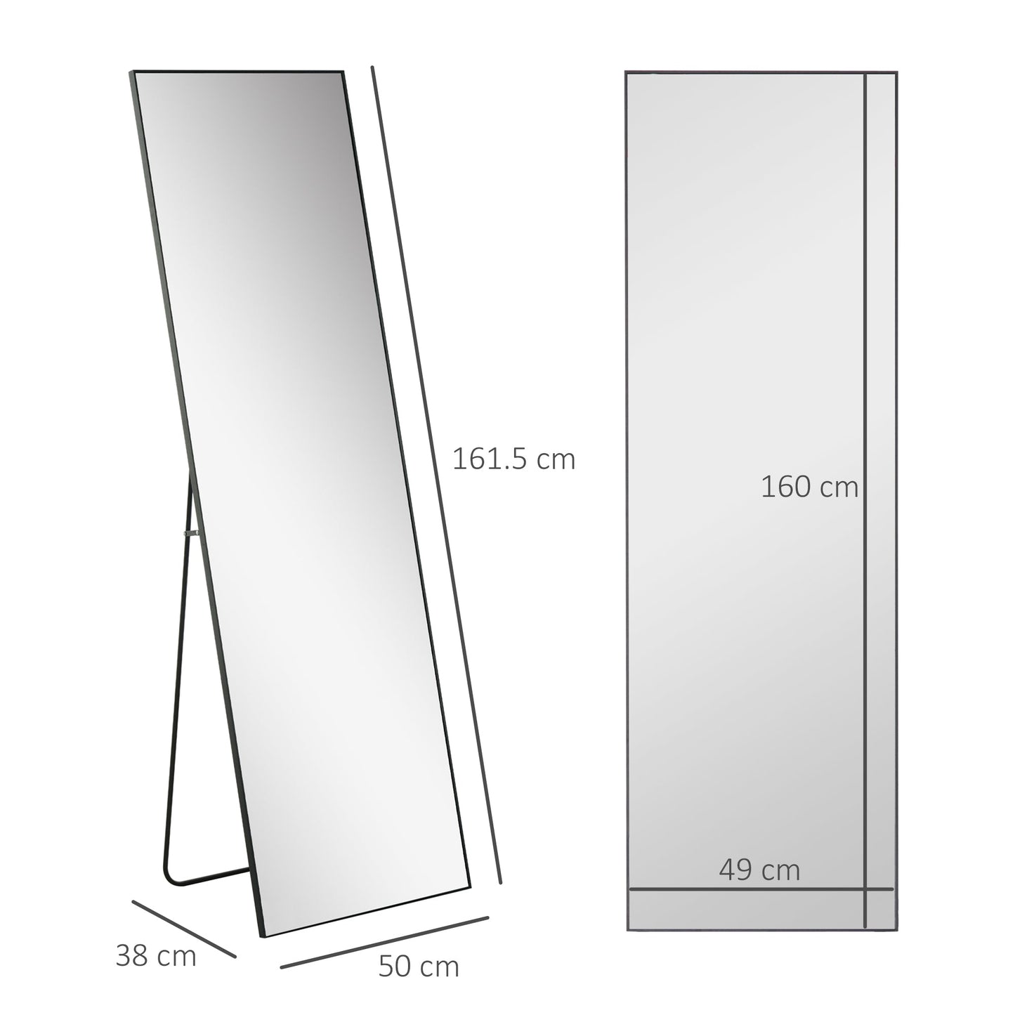 50 x 161.5cm Full Length Mirror, Aluminium Alloy Framed Rectangular Full Body Mirror with Tempered Glass, Floor Standing or Wall Hanging for Bedroom, Living Room, Cloakroom, Black