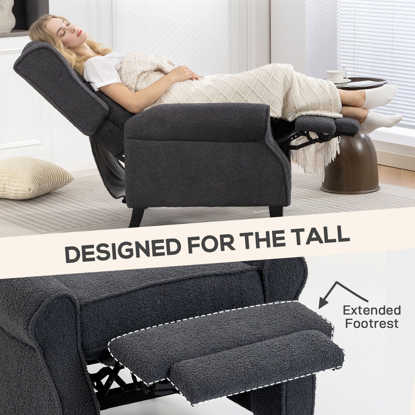 Recliner Armchair, Teddy Fleece Recliner Chair with Extended Leg Rest, Spring Pack, Thick Padded, for Tall People, Push Back Reclining Chair for Home, Living Room, Charcoal Grey
