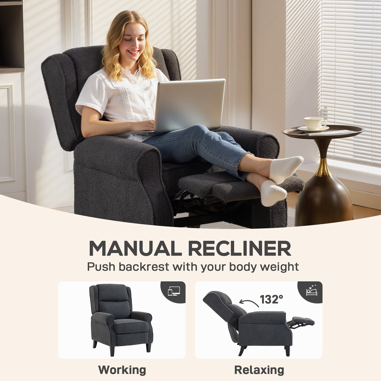 Recliner Armchair, Teddy Fleece Recliner Chair with Extended Leg Rest, Spring Pack, Thick Padded, for Tall People, Push Back Reclining Chair for Home, Living Room, Charcoal Grey