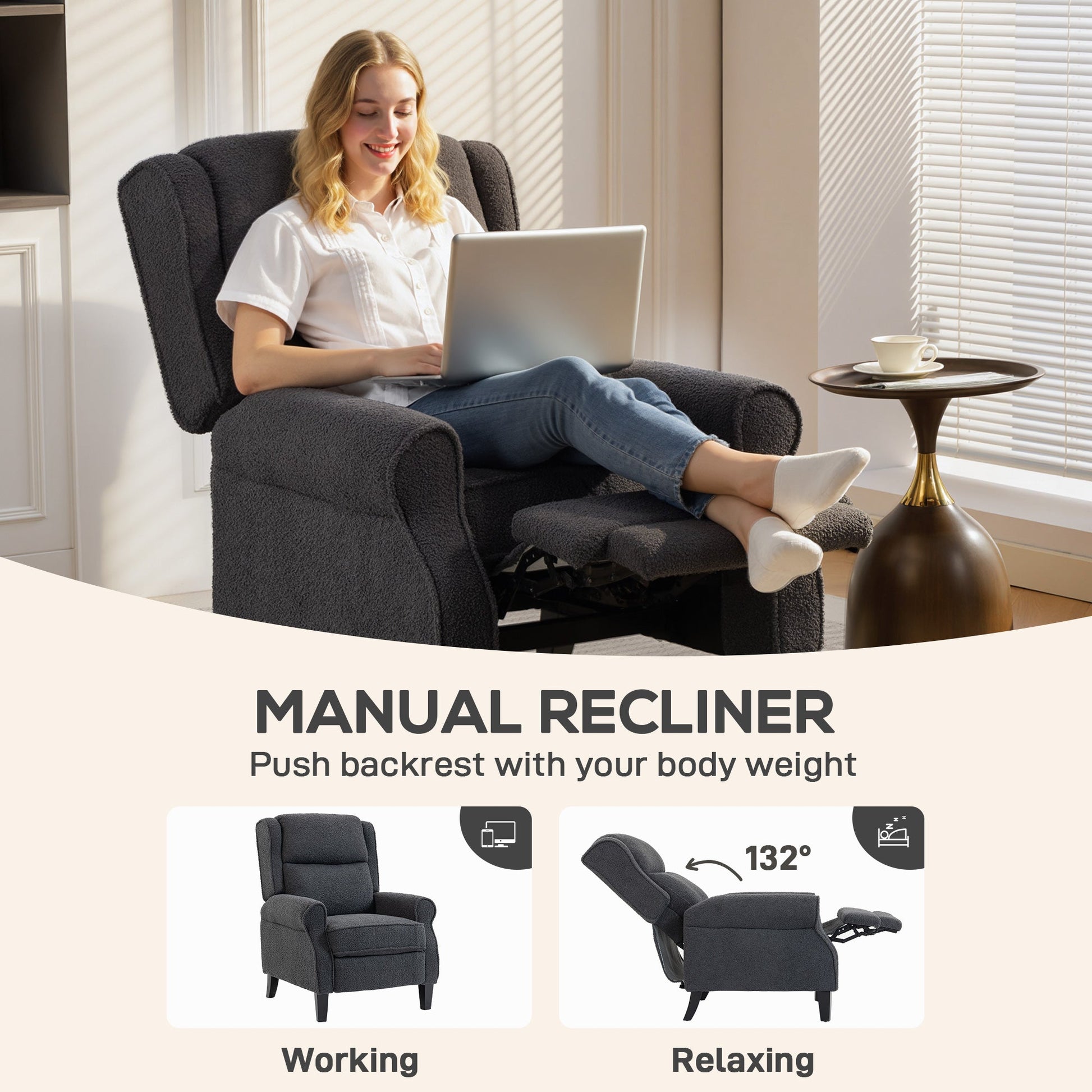 Recliner Armchair, Teddy Fleece Recliner Chair with Extended Leg Rest, Spring Pack, Thick Padded, for Tall People, Push Back Reclining Chair for Home, Living Room, Charcoal Grey