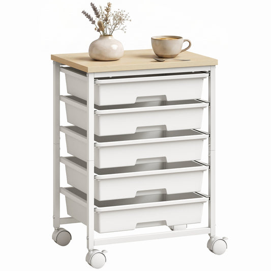 6-Tier Storage Trolley on Wheels, Metal Kitchen Rolling Cart with 5 Pull-Out Drawers, Kitchen Storage Rack for Living Room, Dining Room, Bedroom, Bathroom, White