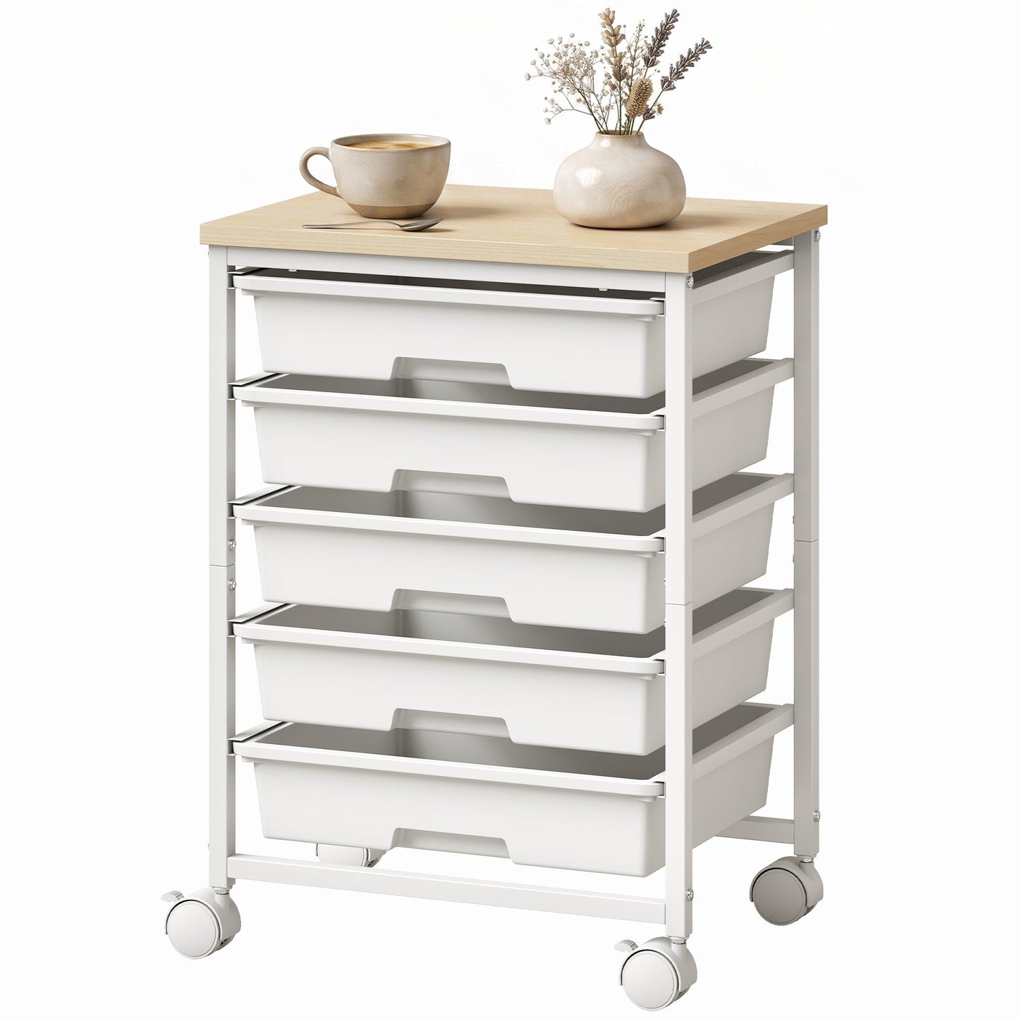 6-Tier Storage Trolley on Wheels, Metal Kitchen Rolling Cart with 5 Pull-Out Drawers, Kitchen Storage Rack for Living Room, Dining Room, Bedroom, Bathroom, White