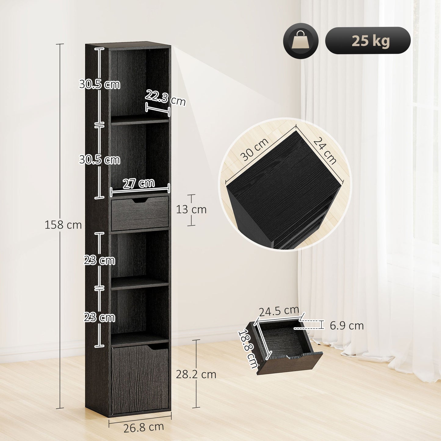 6-Tier Bookcase, Tall Narrow Bookshelf with Drawer, Door, Adjustable Shelf, Modern Display Standing Shelving Unit for Living Room, Home Office, Bedroom, 30 x 24 x 158 cm, Black