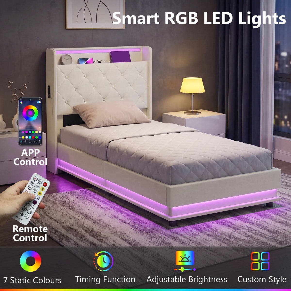 3ft Single Ottoman Bed Frame with Hydraulic Storage, APP Control LED Lights and Charging Station, Upholstered Lift Up Storage Bed Frame with Headboard, No Box Spring Needed, Cream White