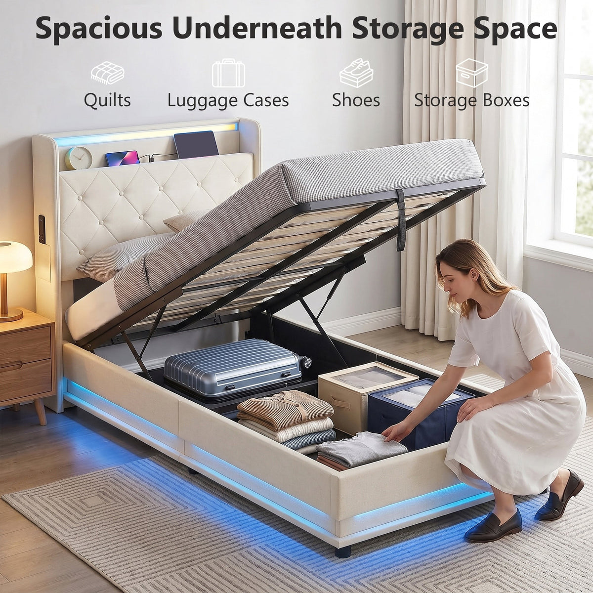 3ft Single Ottoman Bed Frame with Hydraulic Storage, APP Control LED Lights and Charging Station, Upholstered Lift Up Storage Bed Frame with Headboard, No Box Spring Needed, Cream White