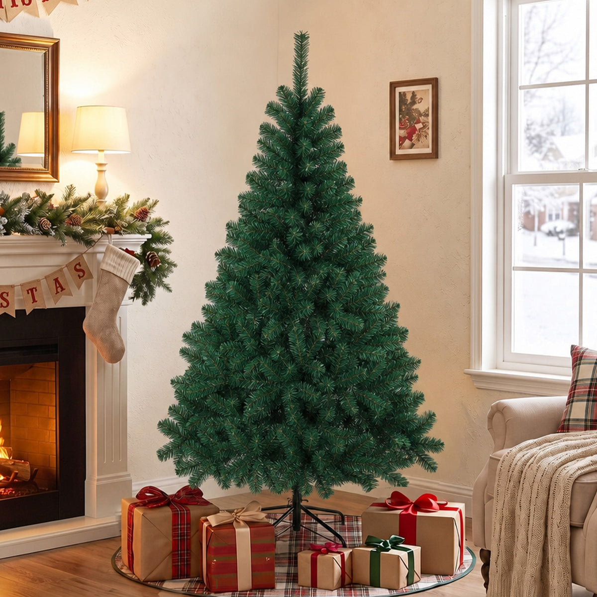 5ft/150cm Artificial Christmas Tree, Fir Hinged Xmas Tree with 420 Branch Tips, Foldable Steel Stand, Easy Assembly for Home Office Holiday Decoration, Green