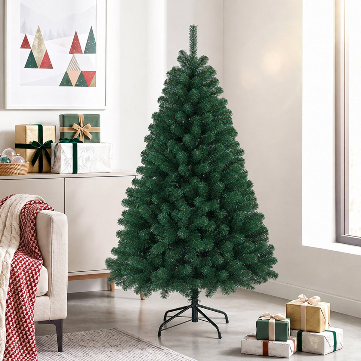5ft/150cm Artificial Christmas Tree, Fir Hinged Xmas Tree with 420 Branch Tips, Foldable Steel Stand, Easy Assembly for Home Office Holiday Decoration, Green