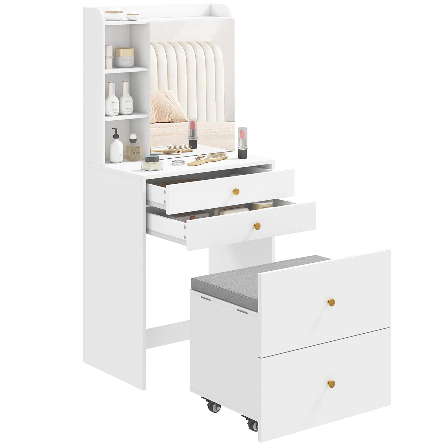 Dressing Table with Mirror and Mobile Storage Stool, Compact Vanity Table with Cabinet, Drawers, Open Shelves, Cushioned Seat, Modern Makeup Vanity Desk for Bedroom, White