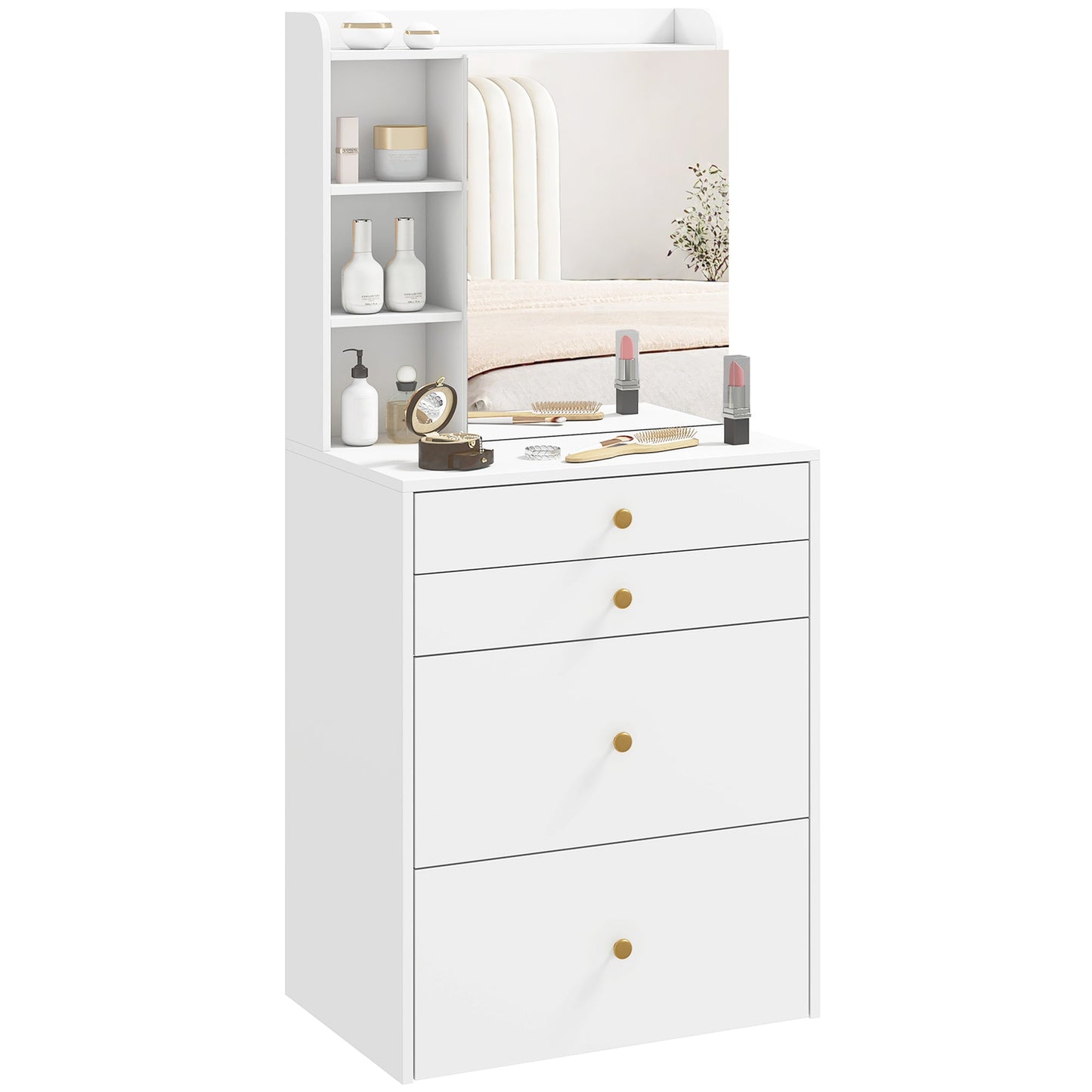 Dressing Table with Mirror and Mobile Storage Stool, Compact Vanity Table with Cabinet, Drawers, Open Shelves, Cushioned Seat, Modern Makeup Vanity Desk for Bedroom, White
