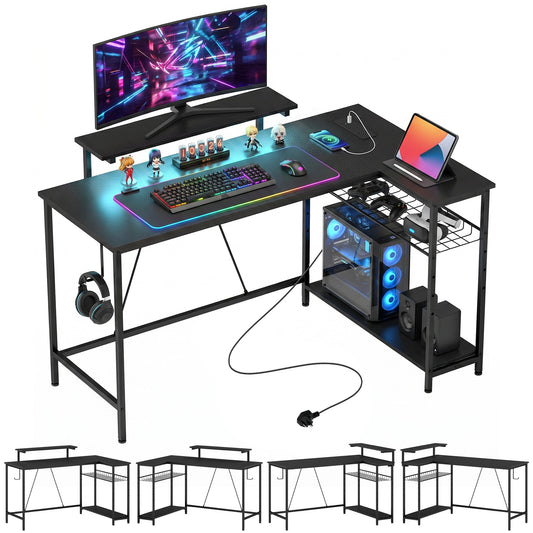 L Shaped Gaming Desk with LED Lights, Power Outlet, USB Charging Ports, 132cm Reversible Corner Computer Desk with Storage Shelves, Monitor Stand for Home Office, Small Space, Black