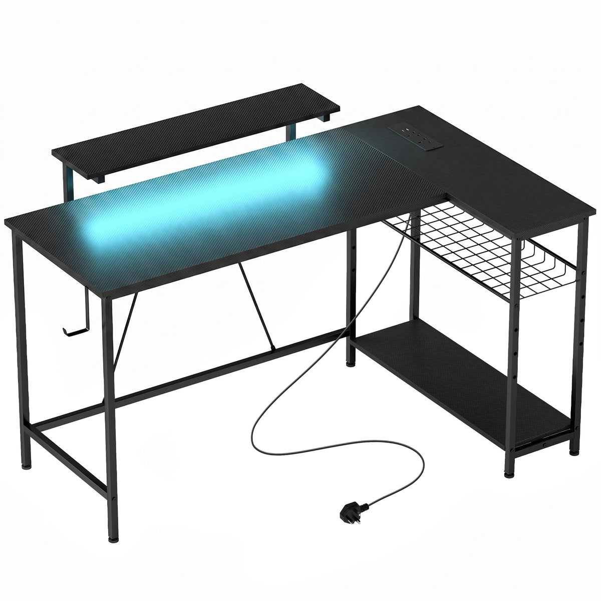 L Shaped Gaming Desk with LED Lights, Power Outlet, USB Charging Ports, 132cm Reversible Corner Computer Desk with Storage Shelves, Monitor Stand for Home Office, Small Space, Black