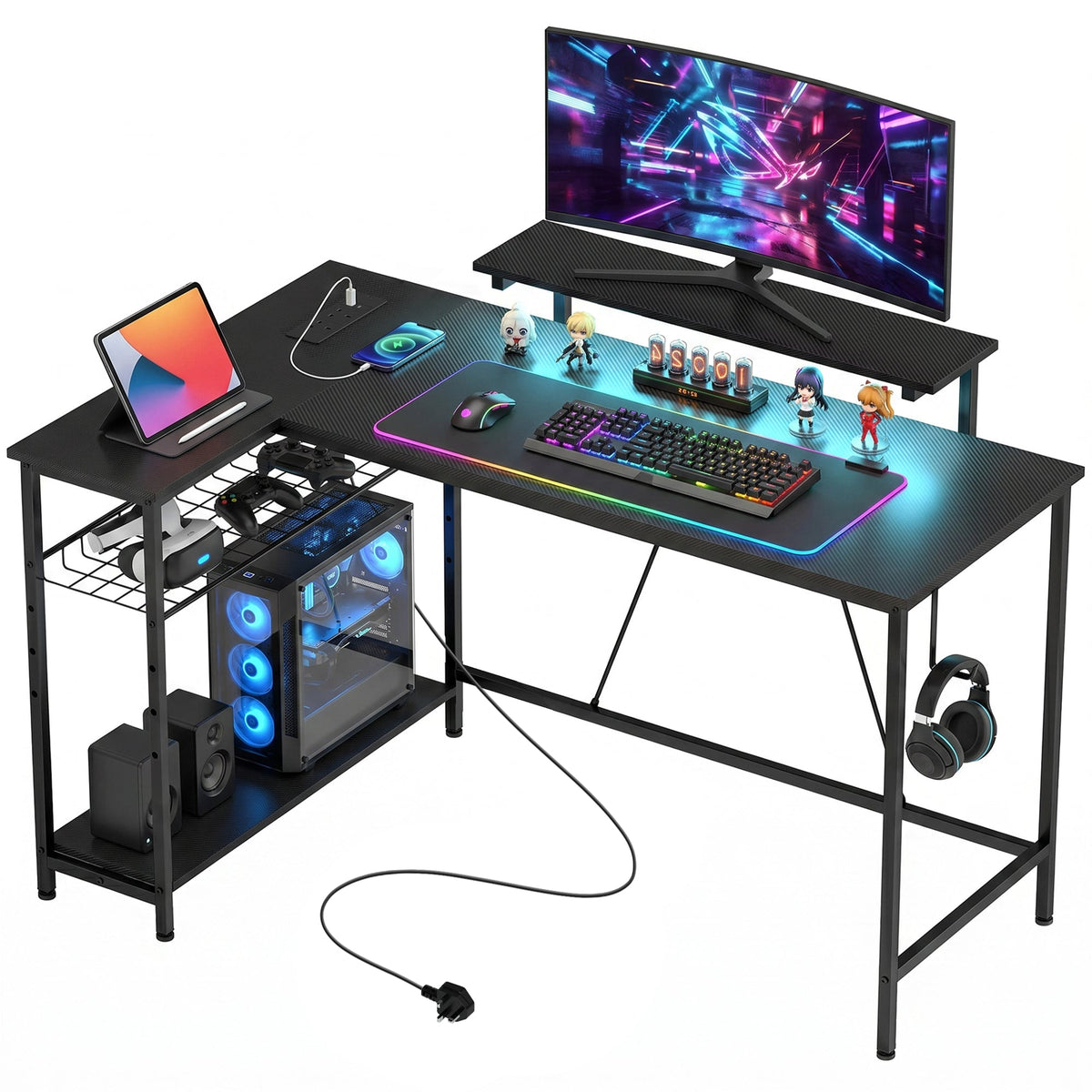 L Shaped Gaming Desk with LED Lights, Power Outlet, USB Charging Ports, 132cm Reversible Corner Computer Desk with Storage Shelves, Monitor Stand for Home Office, Small Space, Black