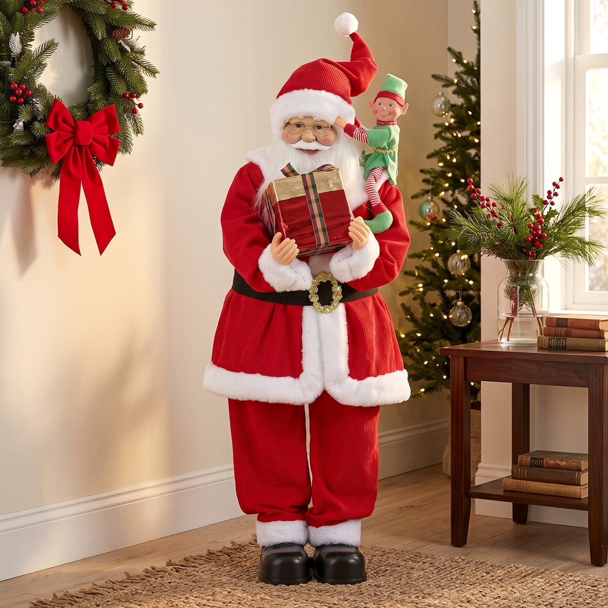 4ft Life Size Singing Dancing Santa Claus, 120 cm Standing Musical Animated Santa with Elf, Gift Box, Handcrafted, Sound Touch Activated, Moving Christmas Figure Decoration