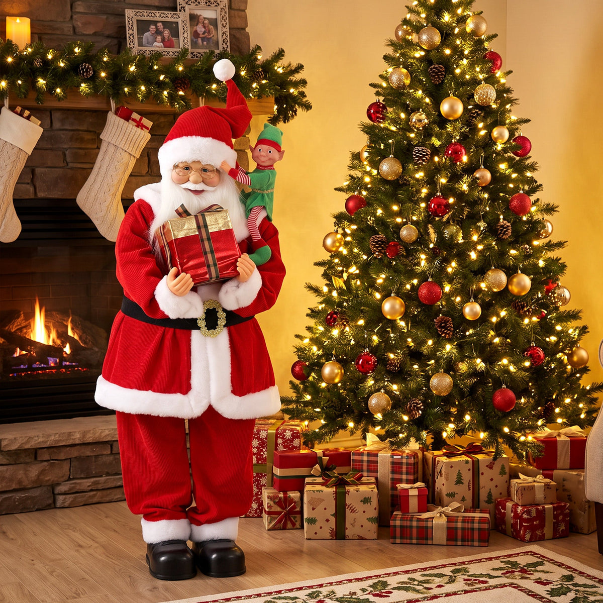 4ft Life Size Singing Dancing Santa Claus, 120 cm Standing Musical Animated Santa with Elf, Gift Box, Handcrafted, Sound Touch Activated, Moving Christmas Figure Decoration