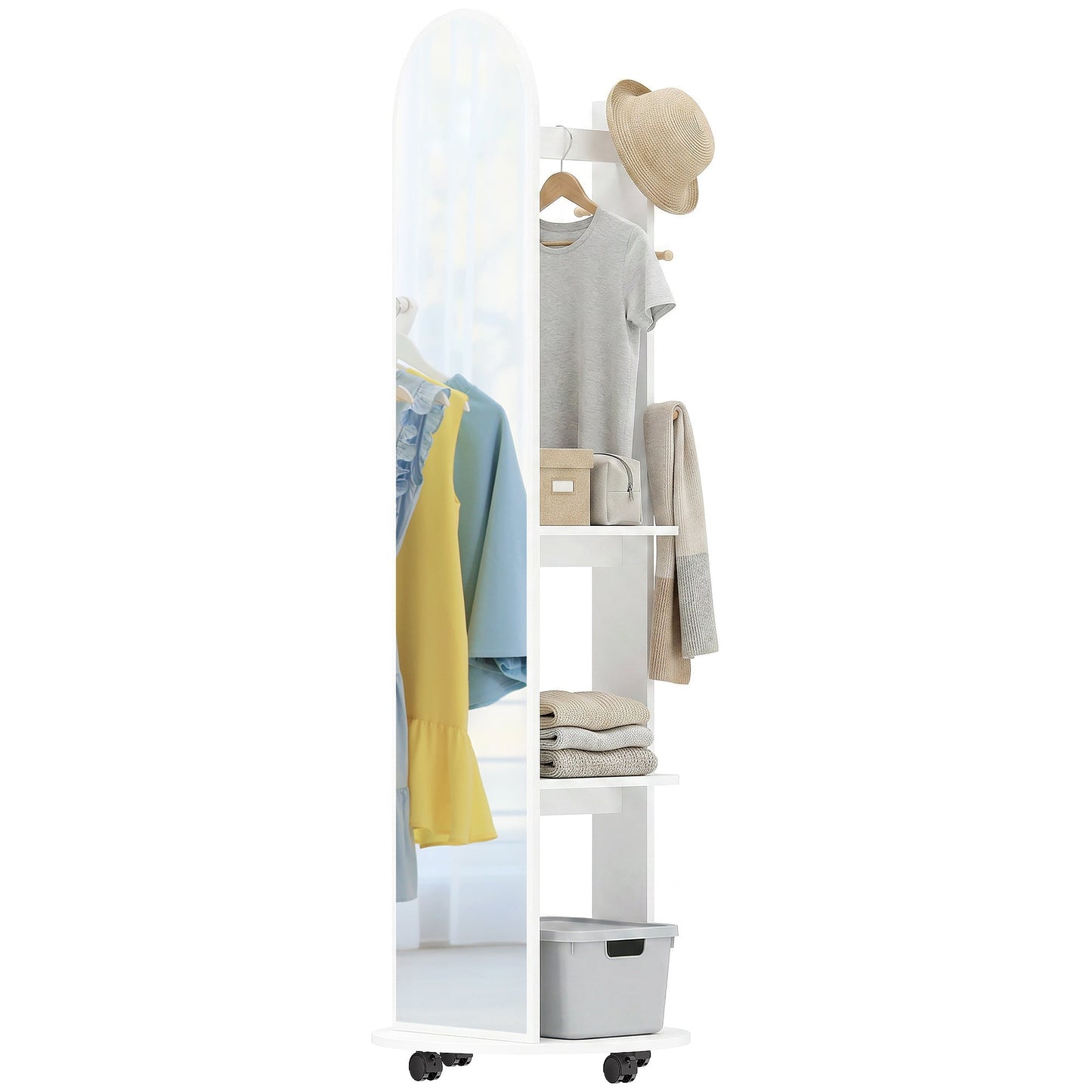 2-in-1 Full Length Mirror with Storage Shelves, Floor Mirror with 4 Universal Wheels, Coat Rack, 4 Hooks, Space-Saving Freestanding Organiser for Bedroom, Living Room, White