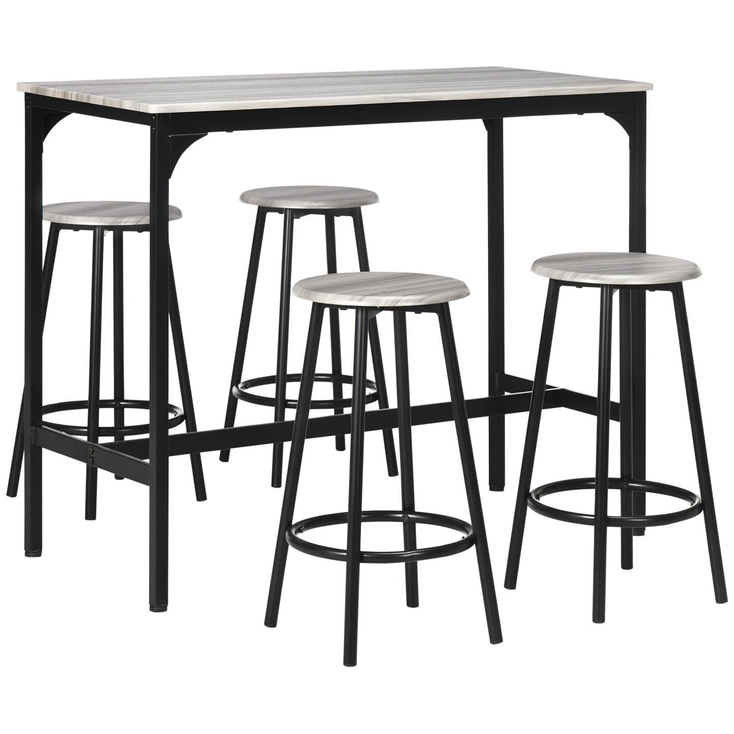 HOMCOM 5 Piece Bar Table Set, Industrial Dining Table Set for 4 with Stools, Metal Frame, Footrest for Kitchen, Living Room, Small Space, Grey