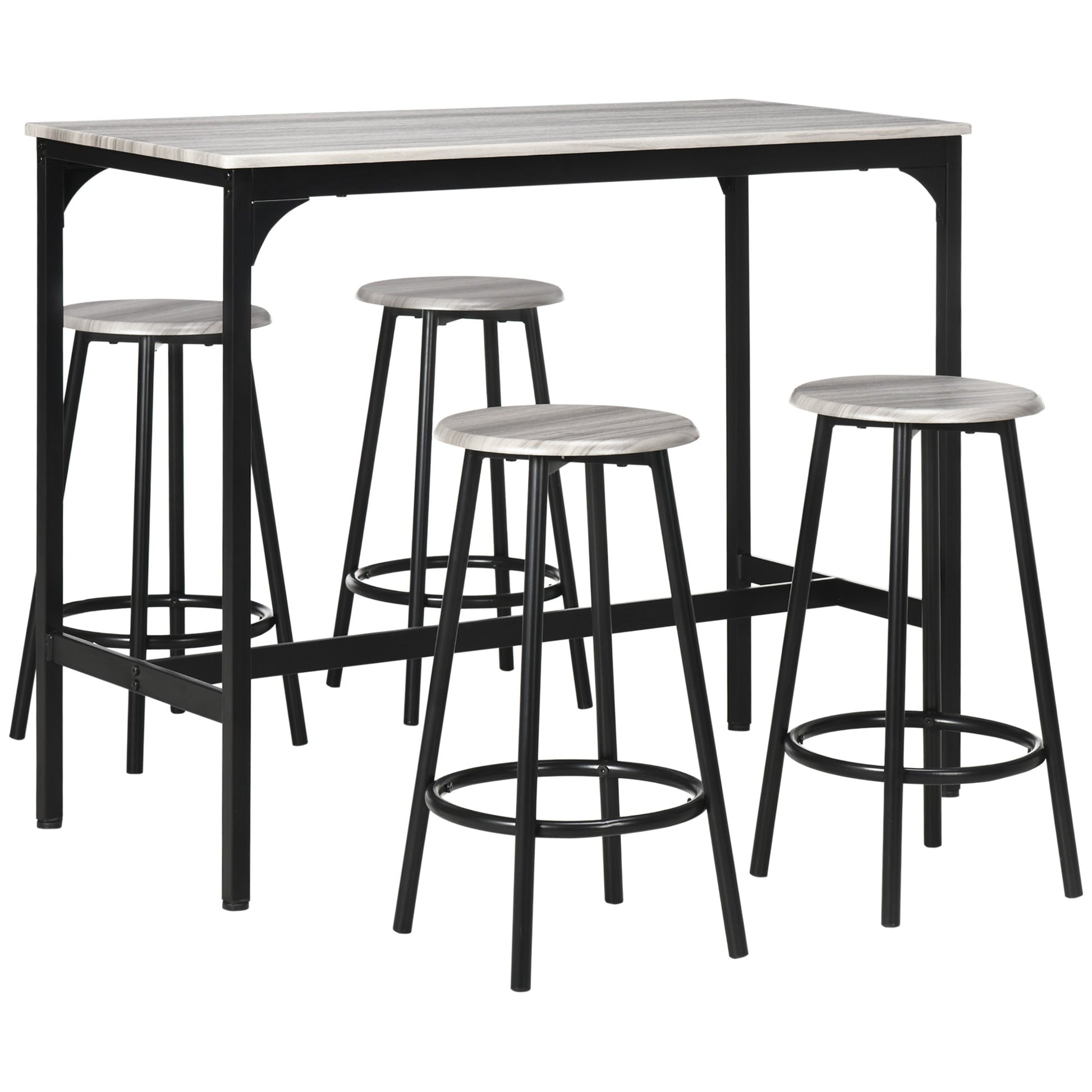 HOMCOM 5 Piece Bar Table Set, Industrial Dining Table Set for 4 with Stools, Metal Frame, Footrest for Kitchen, Living Room, Small Space, Grey