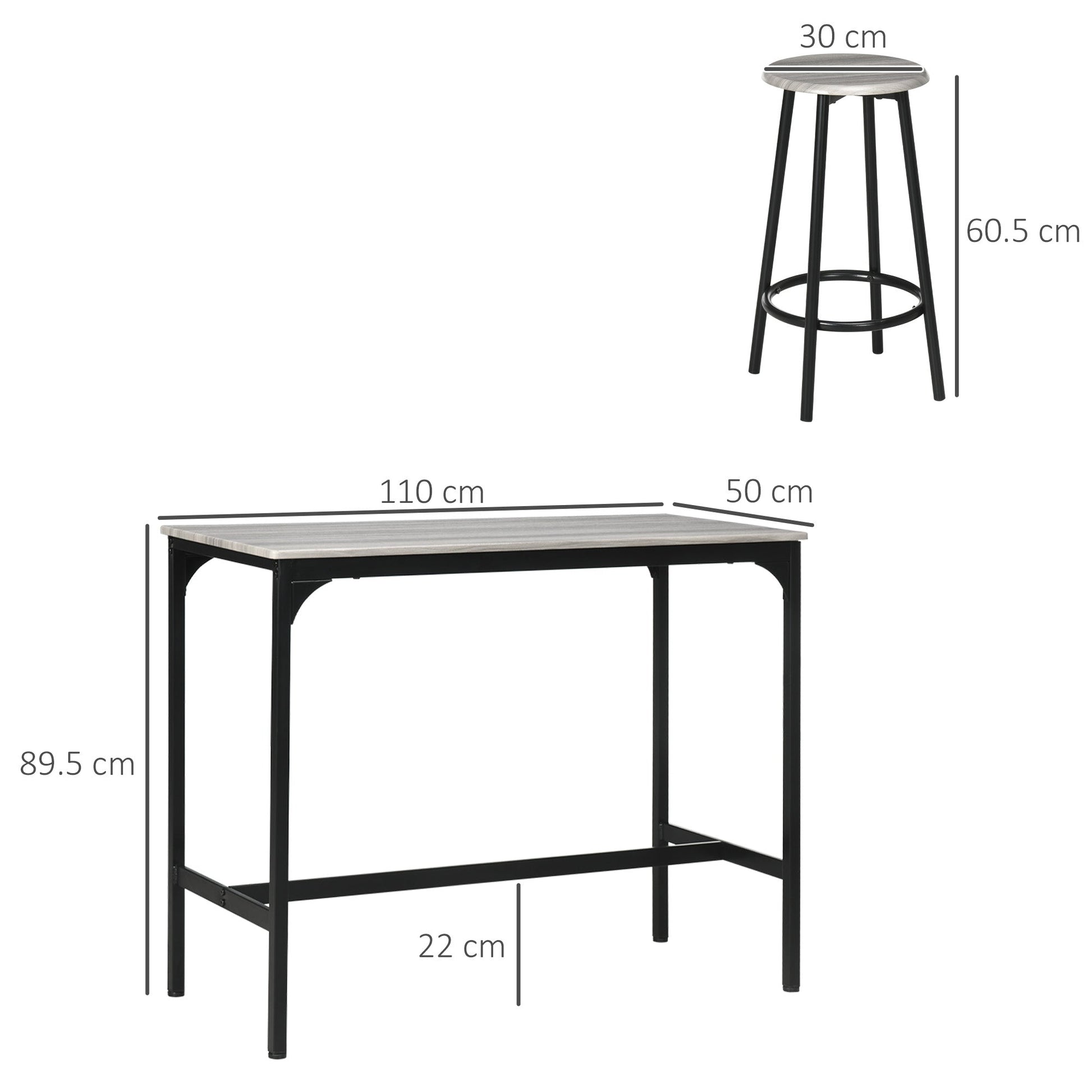HOMCOM 5 Piece Bar Table Set, Industrial Dining Table Set for 4 with Stools, Metal Frame, Footrest for Kitchen, Living Room, Small Space, Grey