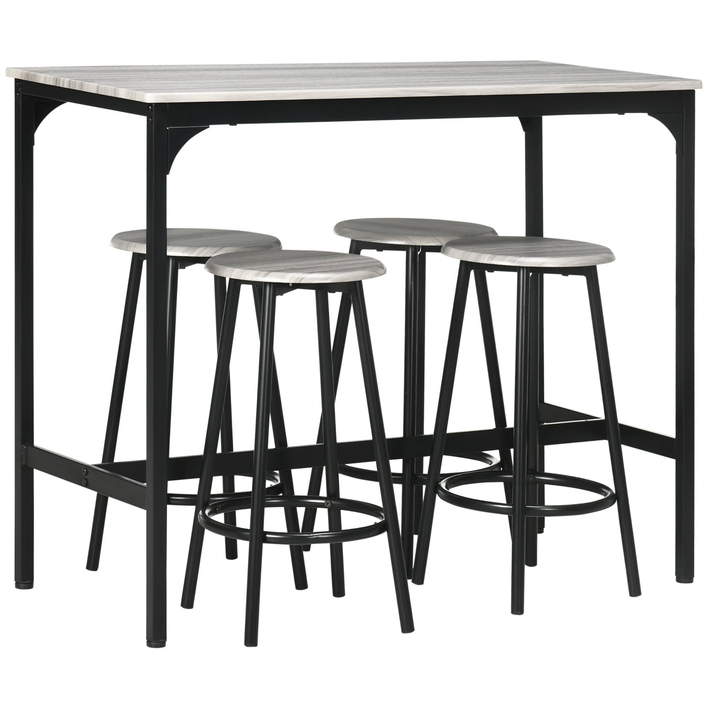 HOMCOM 5 Piece Bar Table Set, Industrial Dining Table Set for 4 with Stools, Metal Frame, Footrest for Kitchen, Living Room, Small Space, Grey