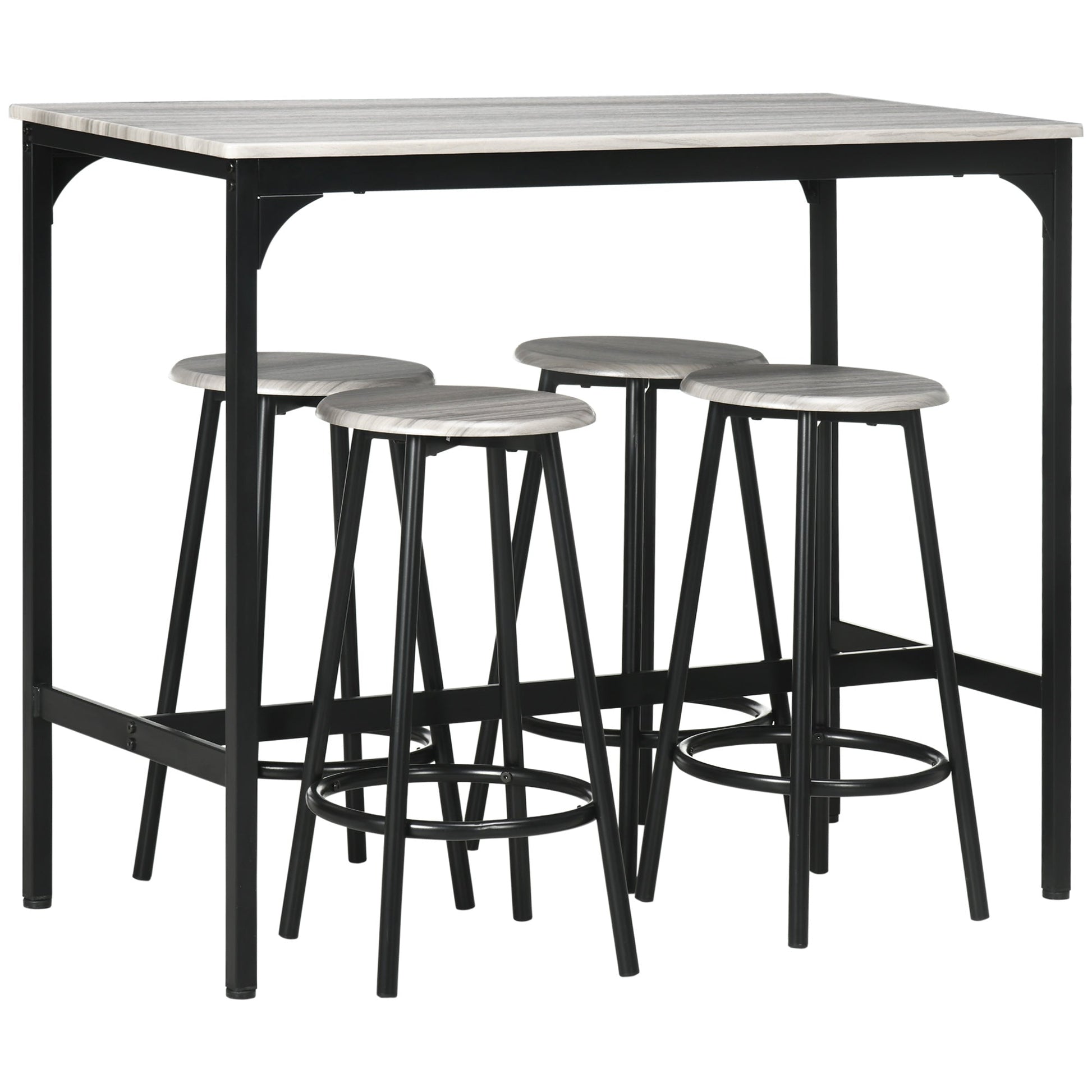 HOMCOM 5 Piece Bar Table Set, Industrial Dining Table Set for 4 with Stools, Metal Frame, Footrest for Kitchen, Living Room, Small Space, Grey