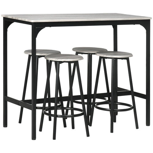 HOMCOM 5 Piece Bar Table Set, Industrial Dining Table Set for 4 with Stools, Metal Frame, Footrest for Kitchen, Living Room, Small Space, Grey