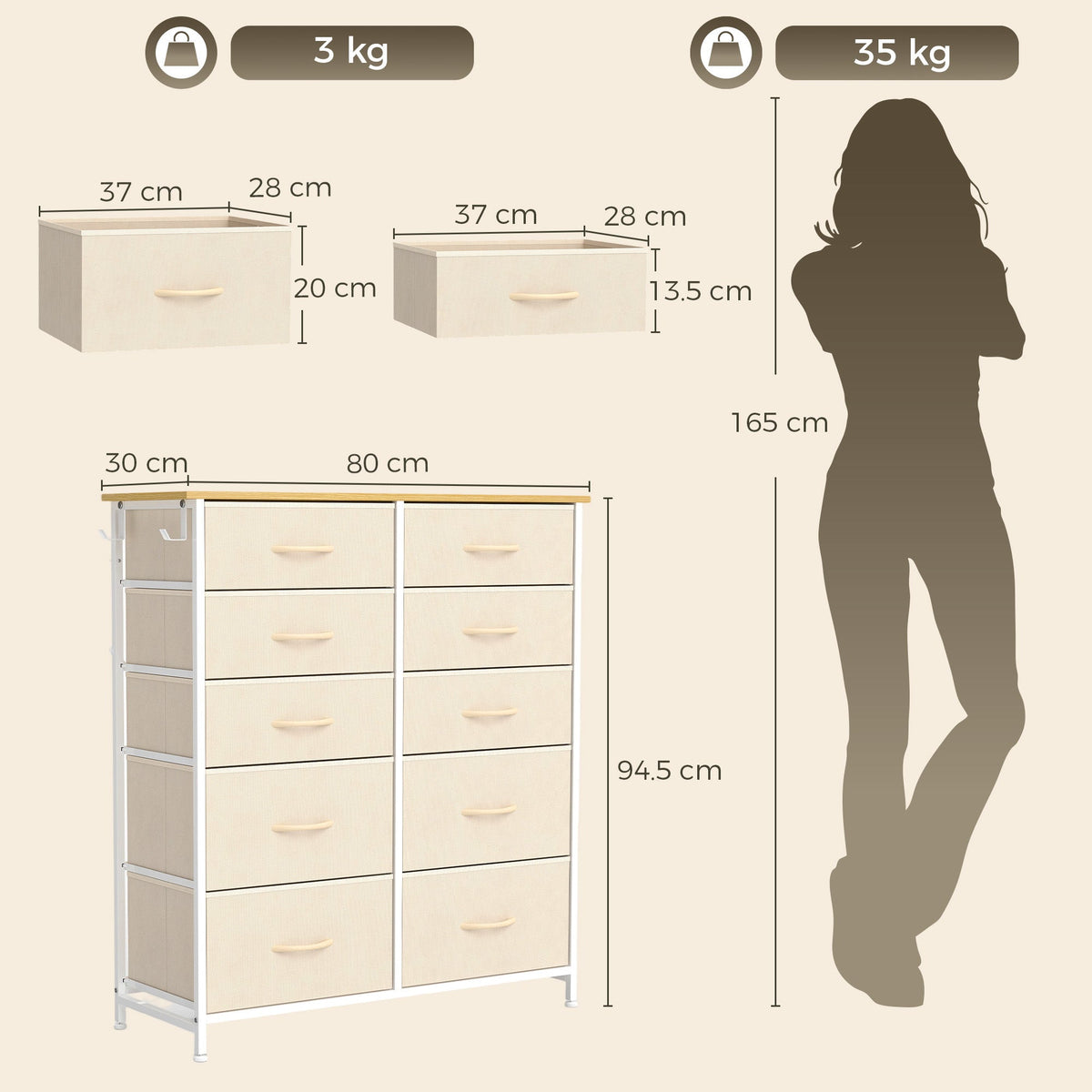 Chest of Drawers, Dresser for Bedroom with 10 Fabric Drawers, Tall Storage Unit with 4 Pockets, 2 Hooks and Steel Frame for Living Room, Hallway, Beige