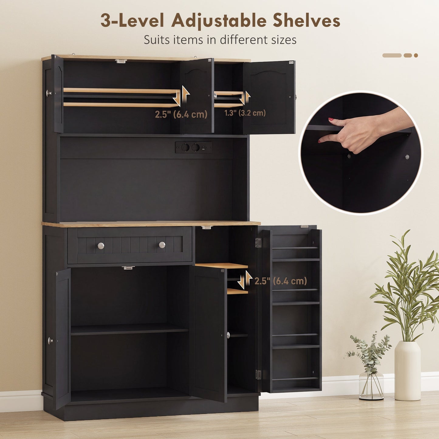 173 cm Tall Kitchen Cupboard with Charging Station, Pantry Storage Cabinet with Microwave Stand, Adjustable Shelves, 4 Door Racks, Farmhouse Kitchen Cabinet for Dining Room, Black