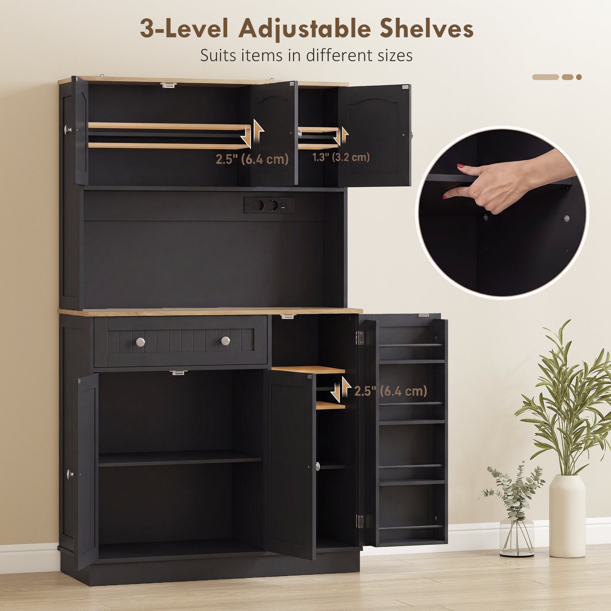 173 cm Tall Kitchen Cupboard with Charging Station, Pantry Storage Cabinet with Microwave Stand, Adjustable Shelves, 4 Door Racks, Farmhouse Kitchen Cabinet for Dining Room, Black