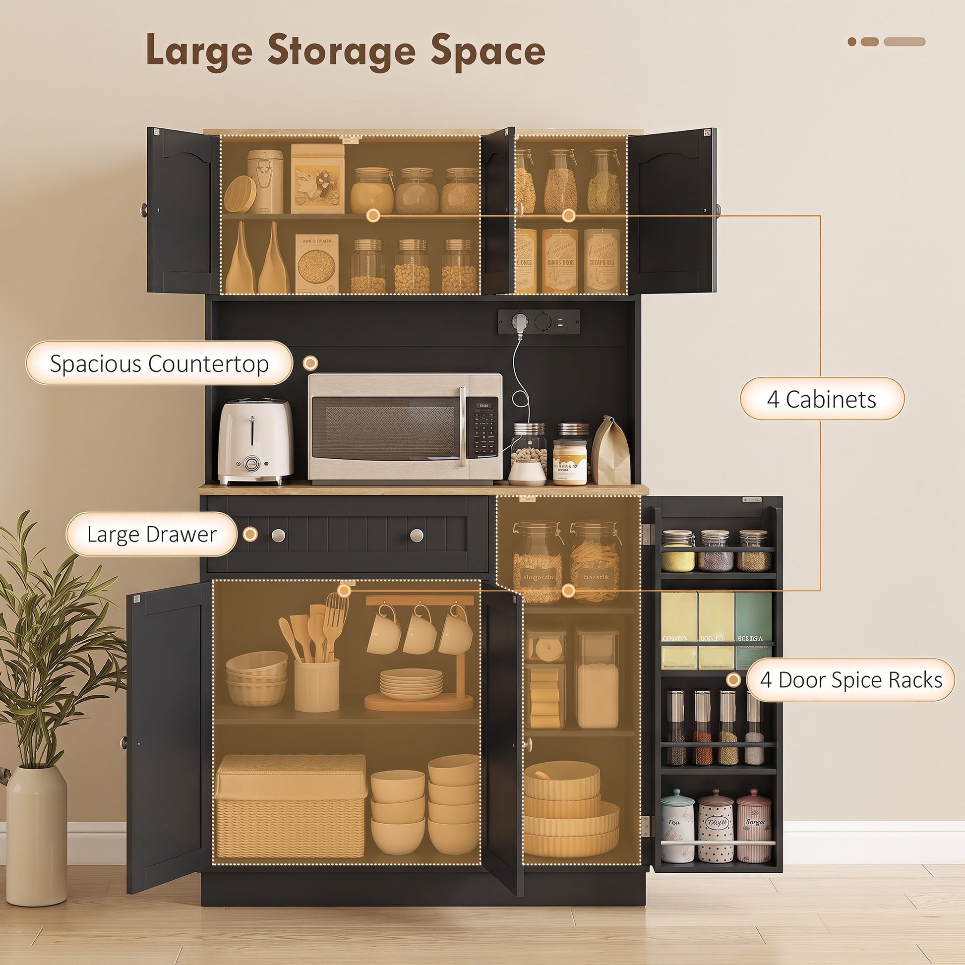 173 cm Tall Kitchen Cupboard with Charging Station, Pantry Storage Cabinet with Microwave Stand, Adjustable Shelves, 4 Door Racks, Farmhouse Kitchen Cabinet for Dining Room, Black
