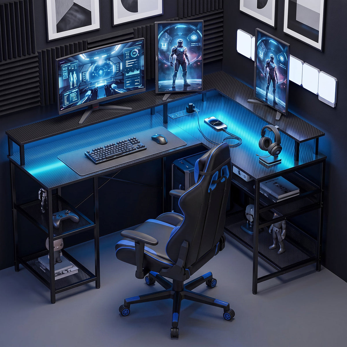 L Shaped Gaming Desk with LED Lights and Power Outlets, 150cm Corner Computer Desk with Monitor Stand and Storage Shelves, Home Office Desk for Small Space, Black Gaming Texture