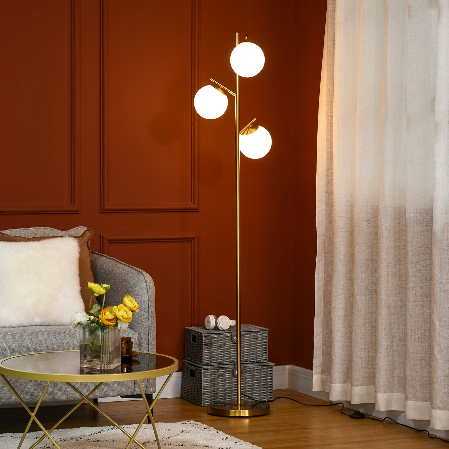 HOMCOM 3-Light Tree Floor Lamps for Living Room, Modern Standing Lamp for Bedroom with Globe Lampshade, Steel Base, Bulb not Included, Gold Tone