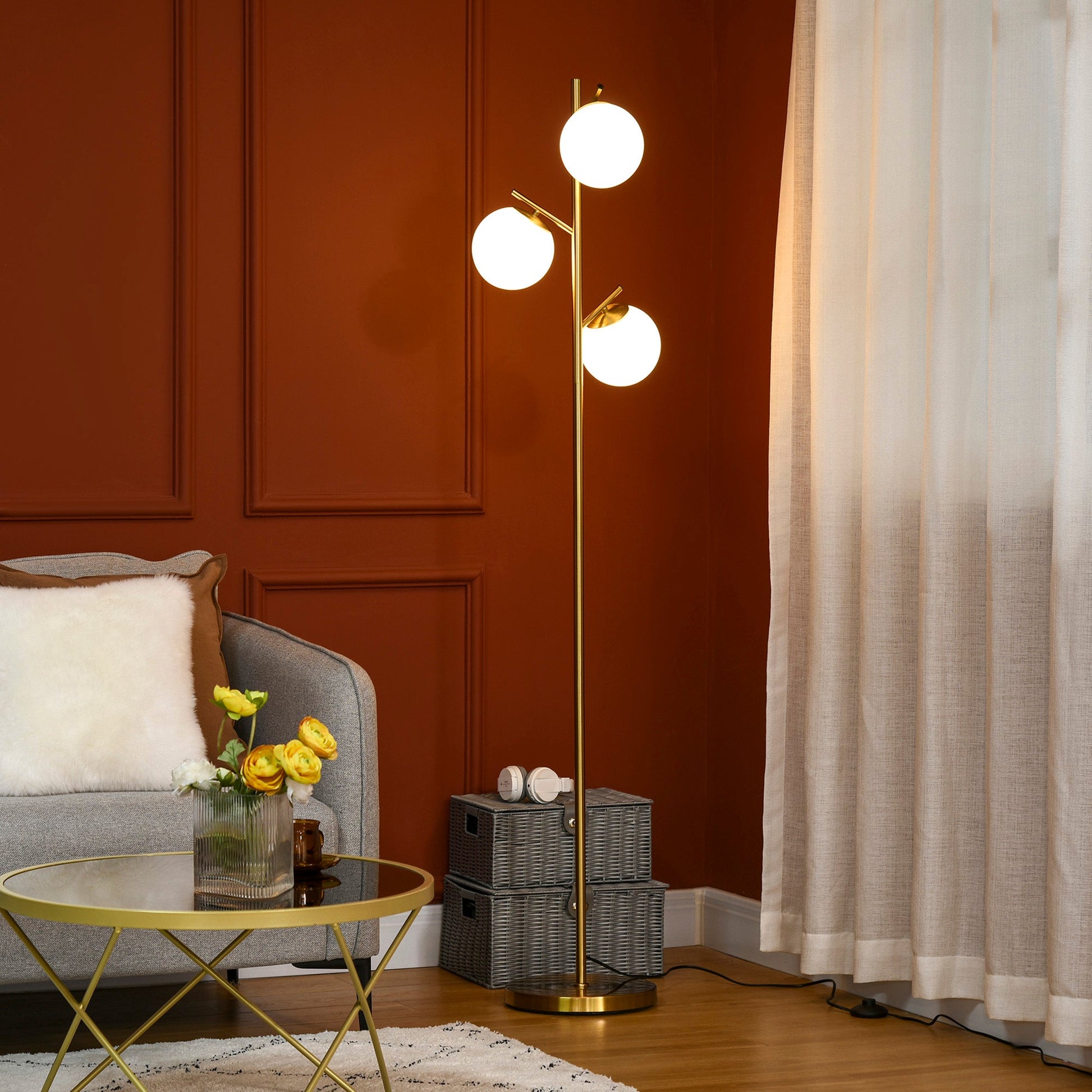 HOMCOM 3-Light Tree Floor Lamps for Living Room, Modern Standing Lamp for Bedroom with Globe Lampshade, Steel Base, Bulb not Included, Gold Tone