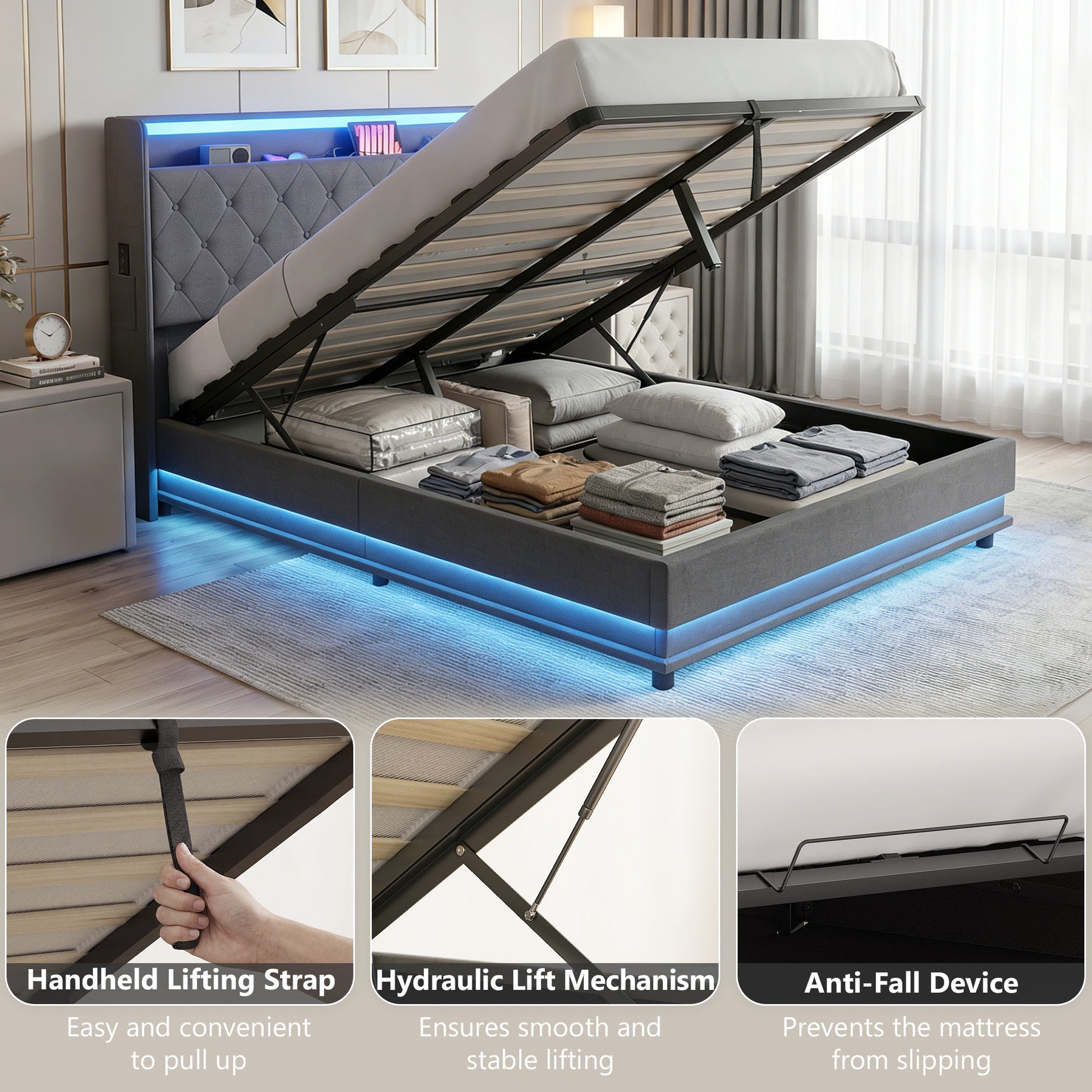 4ft6 Double Ottoman Bed Frame with Hydraulic Storage, APP Control LED Lights and Charging Station, Upholstered Lift Up Storage Bed Frame with Headboard, No Box Spring Needed, Dark Grey