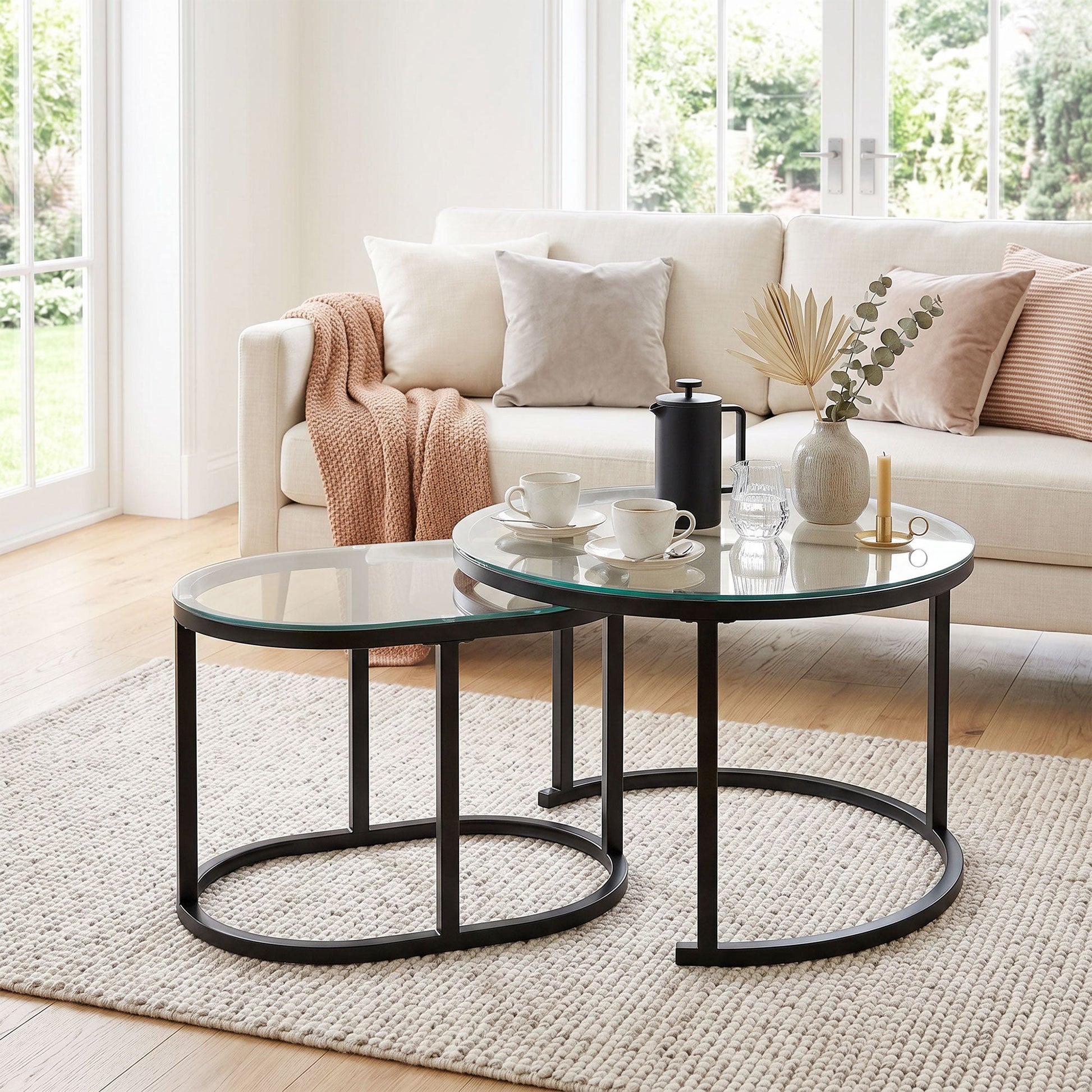 Modern Coffee Table Set of 2, Nest of Tables with Steel Frame and Tempered Glass Tabletop, Side Tables for Living Room Bedroom, Black