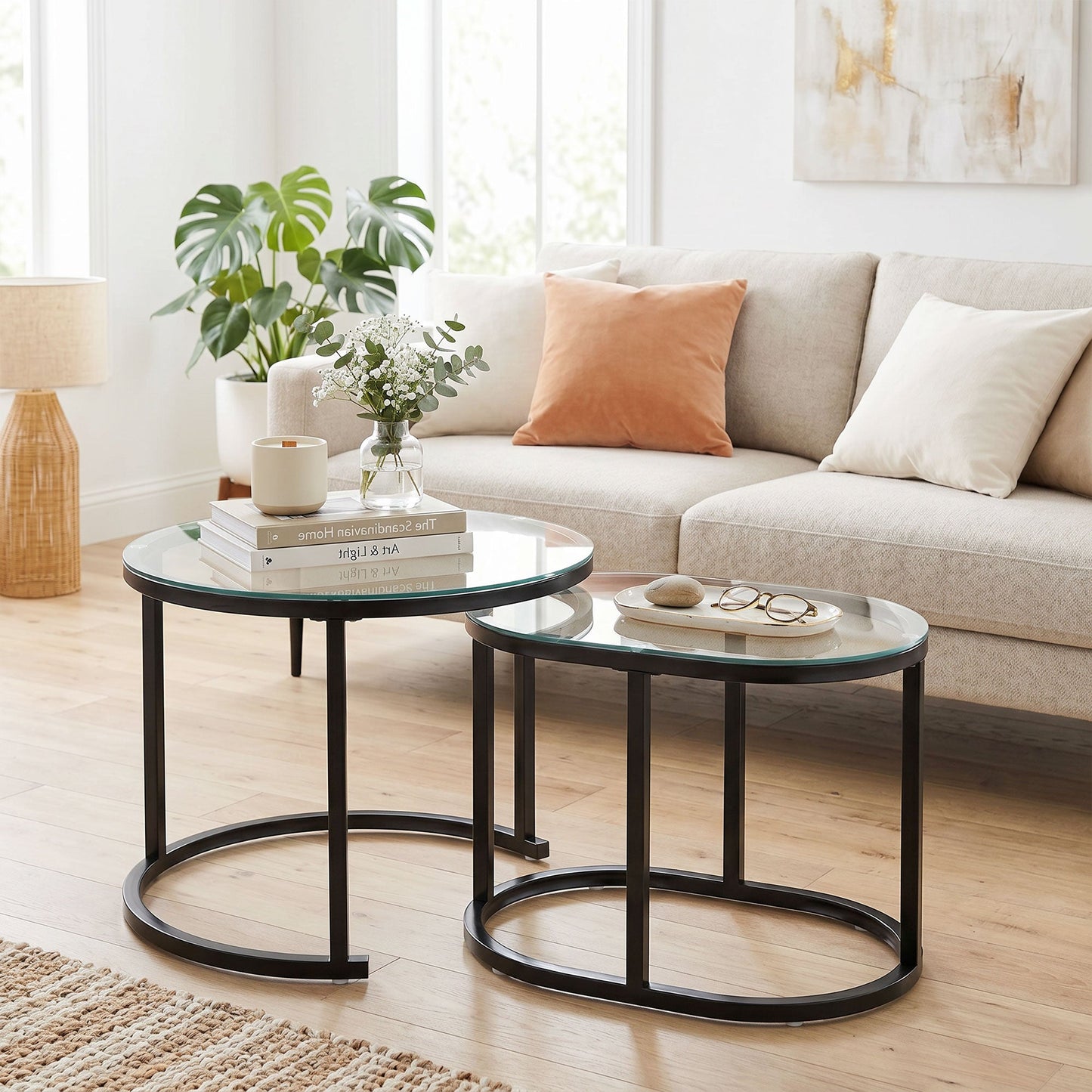 Modern Coffee Table Set of 2, Nest of Tables with Steel Frame and Tempered Glass Tabletop, Side Tables for Living Room Bedroom, Black