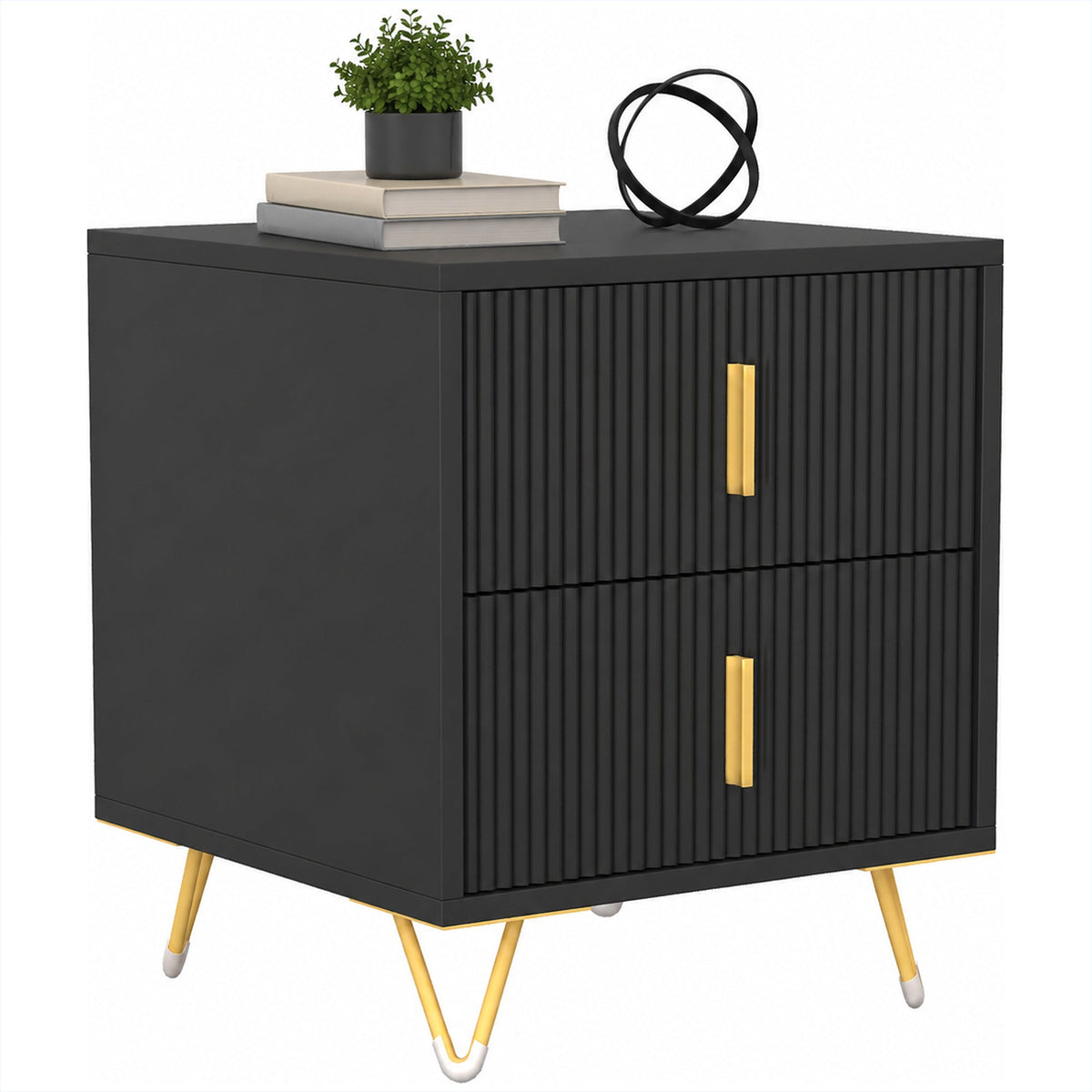 Bedside Table, Small Fluted Bedside Cabinet with 2 Drawers, Modern Nightstand, End Sofa Side Table with Hairpin Legs for Bedroom, Living Room, Black