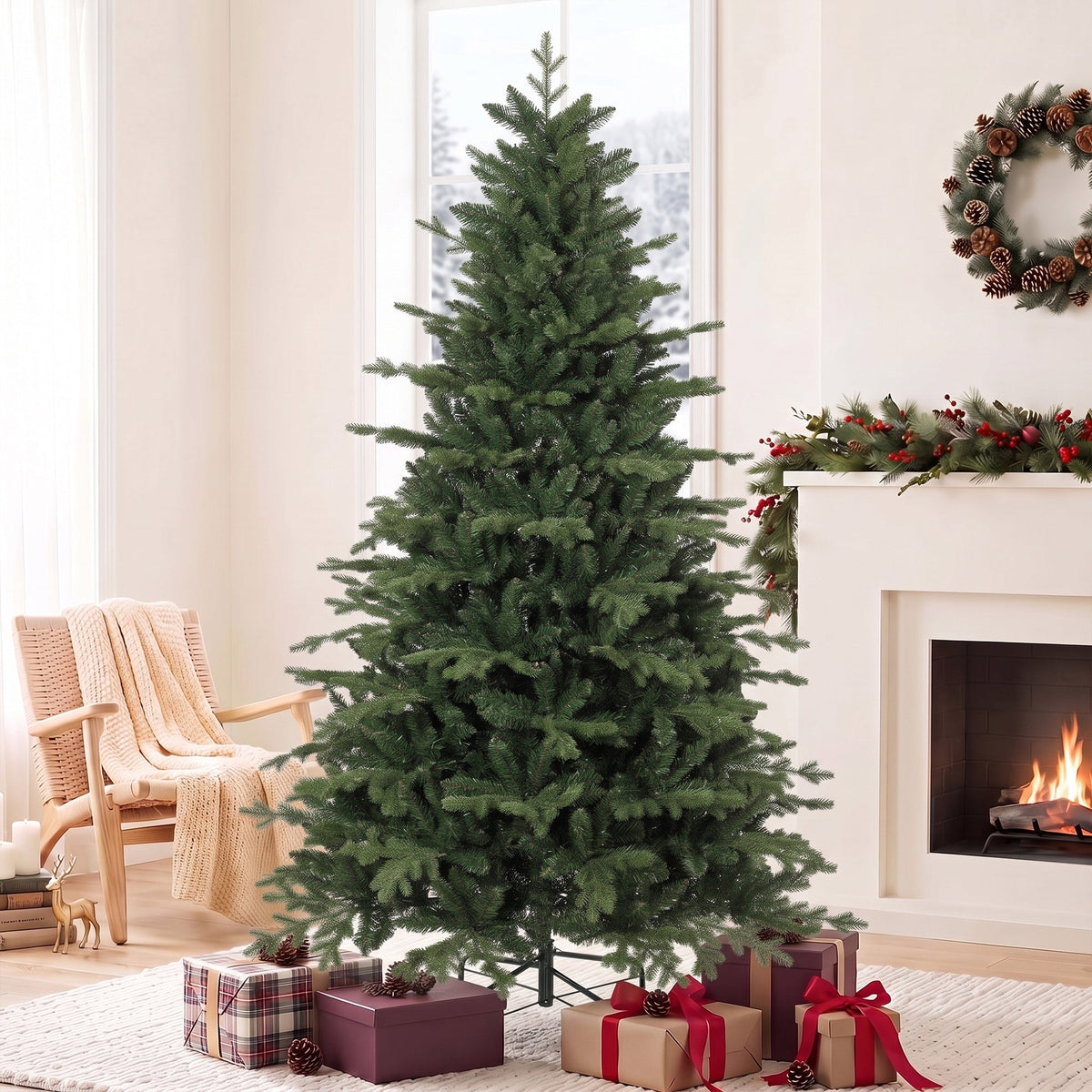 7ft Artificial Christmas Tree with 2080 Realistic Tips, Hinged Xmas Tree with Wide Shape, Foldable Metal Base for Home Office Holiday Decoration, Green